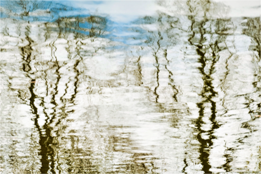 Abstract photograph of a reflection with wavy patterns in white, blue, and brown tones.